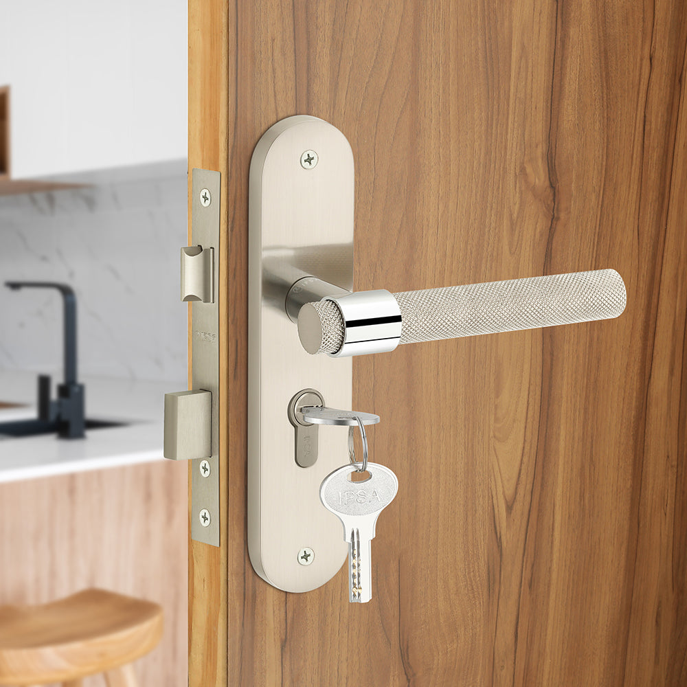IPSA Gem Moderna Handle Series on 8" Plate CYS Lockset with 60mm One Side Key and Knob - Matte Satin Nickel Finish CPS